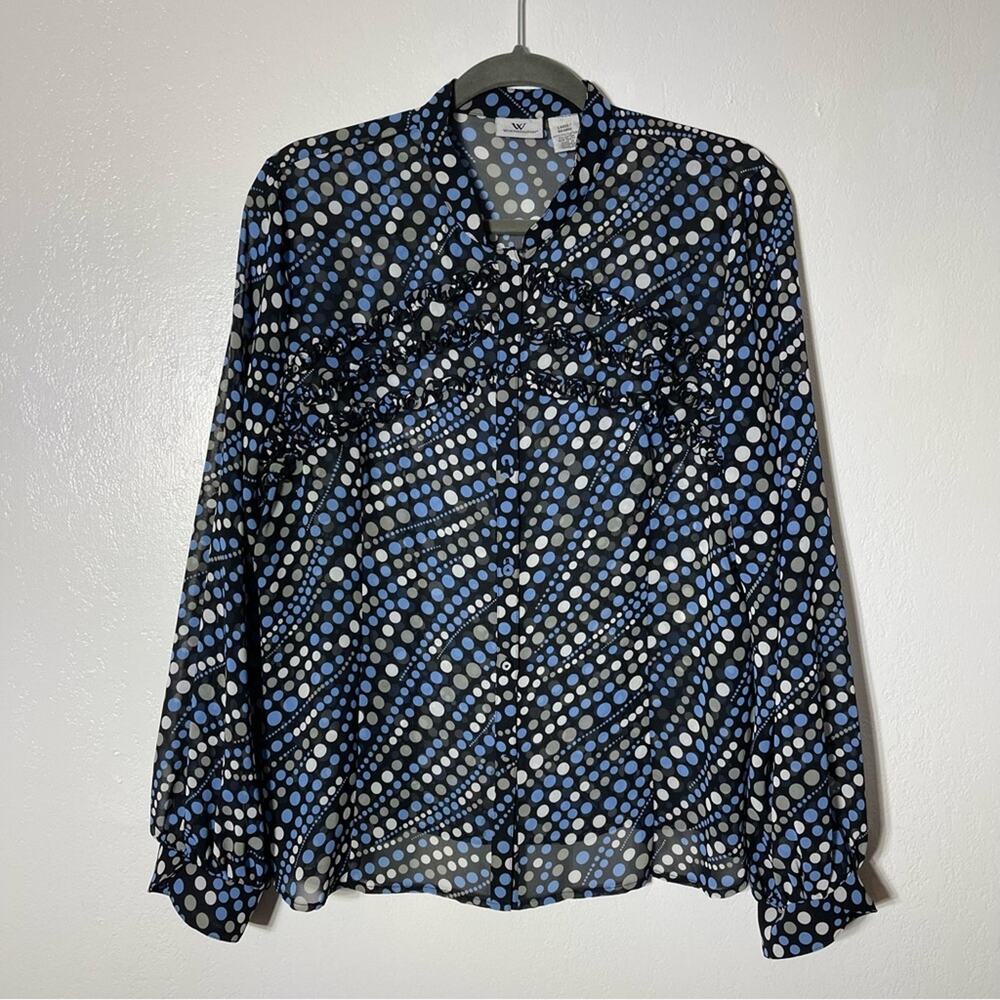 Worthington, Sheer Polka Dot Long Sleeve Button Down. Size Large Excellent cond!